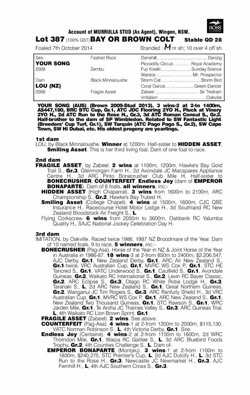 Your Song (AUS) / Lou (NZ) - pedigree