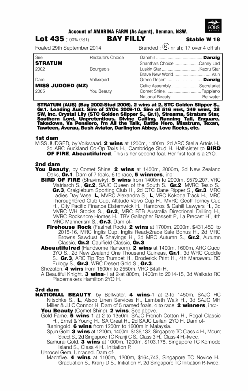 Stratum (AUS) / Miss Judged (NZ) - pedigree