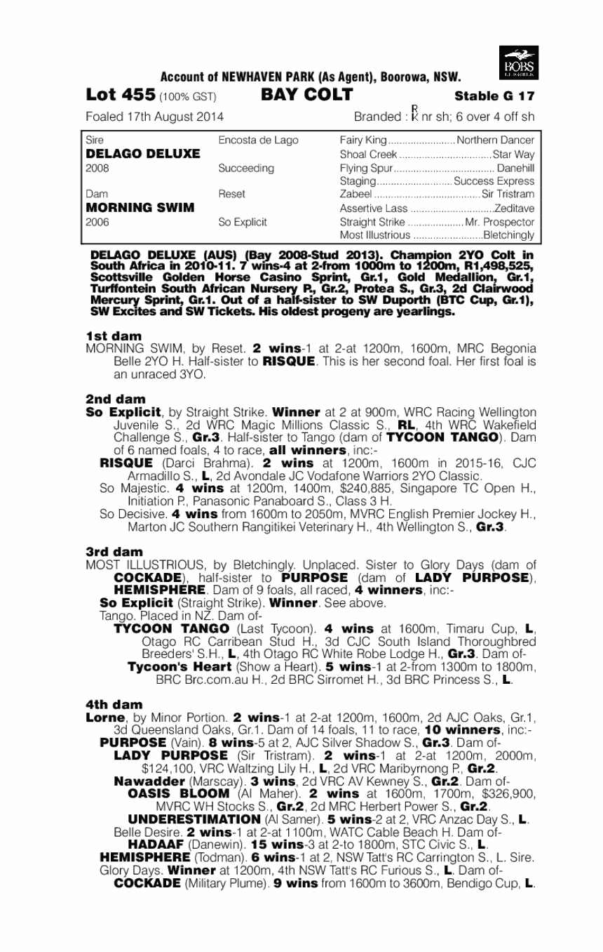 Delago Deluxe (AUS) / Morning Swim (AUS) - pedigree