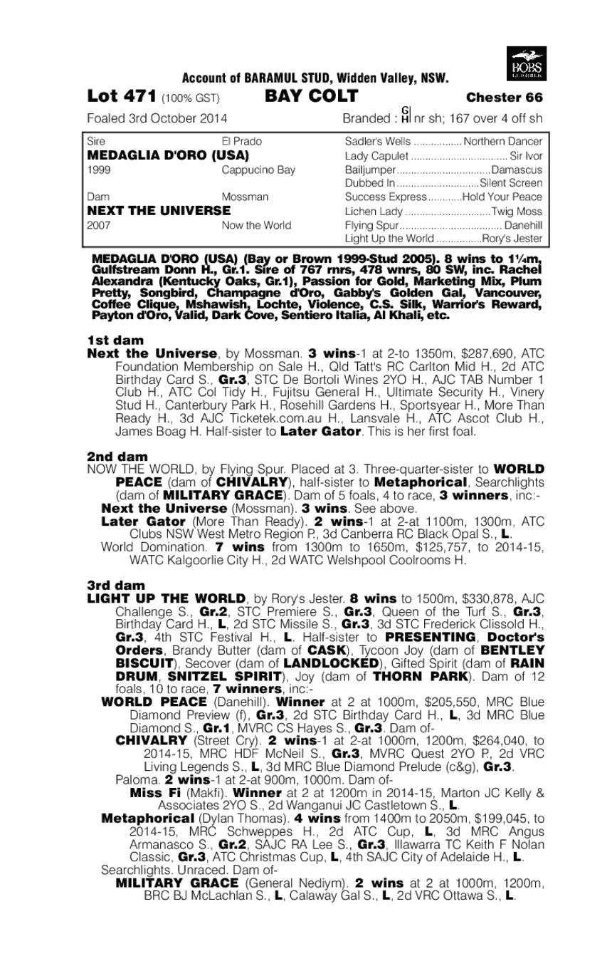 Medaglia D'oro (USA) / Next The Universe (AUS) - pedigree