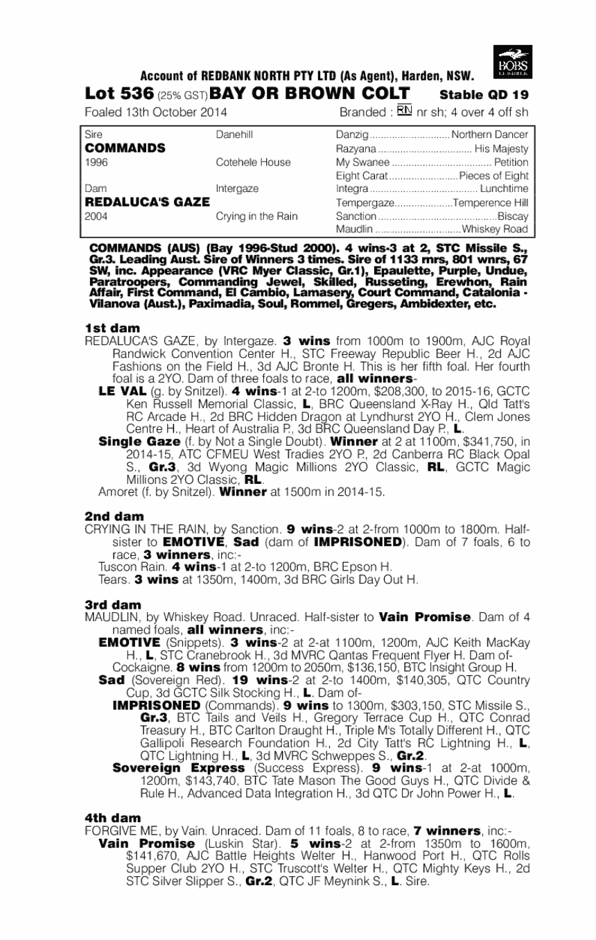 Commands (AUS) / Redaluca's Gaze (AUS) - pedigree