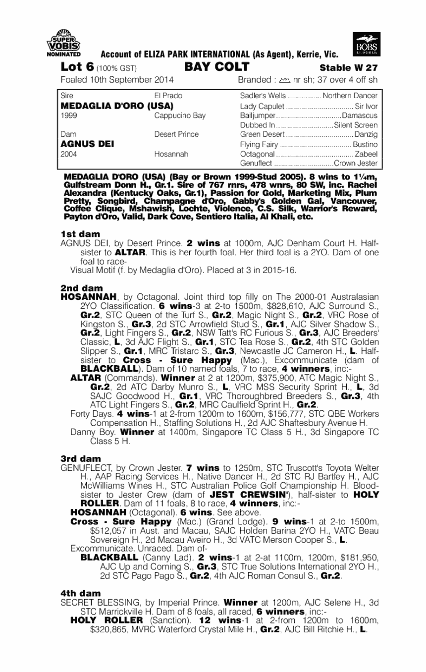 Medaglia D'oro (USA) / Agnus Dei (AUS) - pedigree