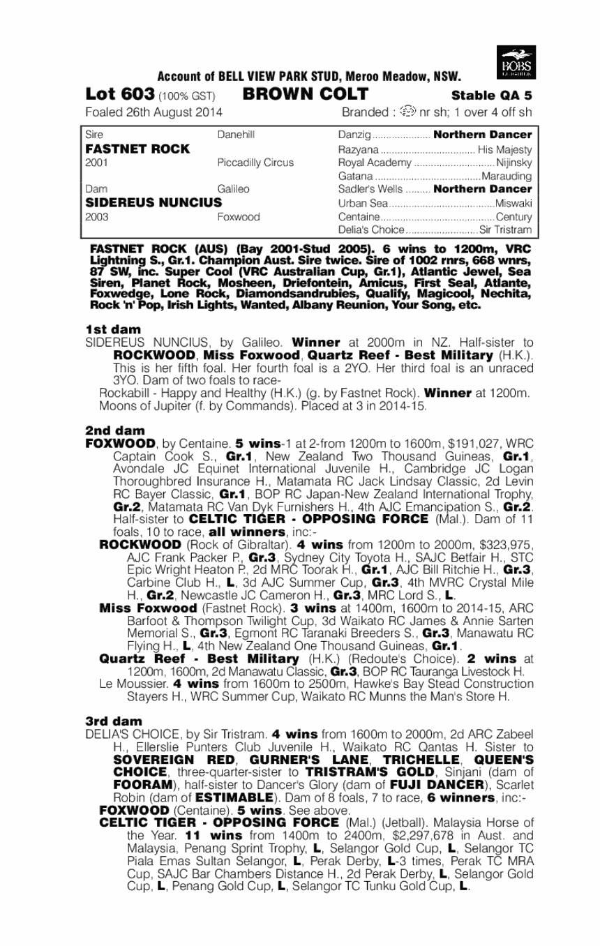 Fastnet Rock (AUS) / Sidereus Nuncius (AUS) - pedigree