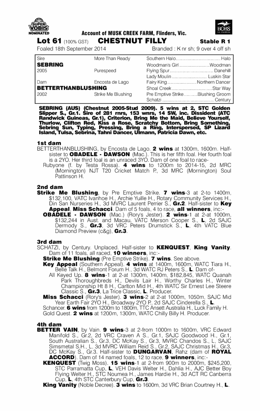 Sebring (AUS) / Betterthanblushing (AUS) - pedigree