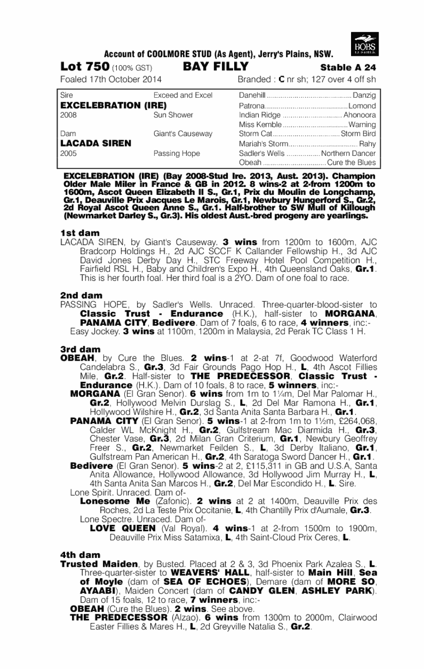 Excelebration (IRE) / Lacada Siren (AUS) - pedigree