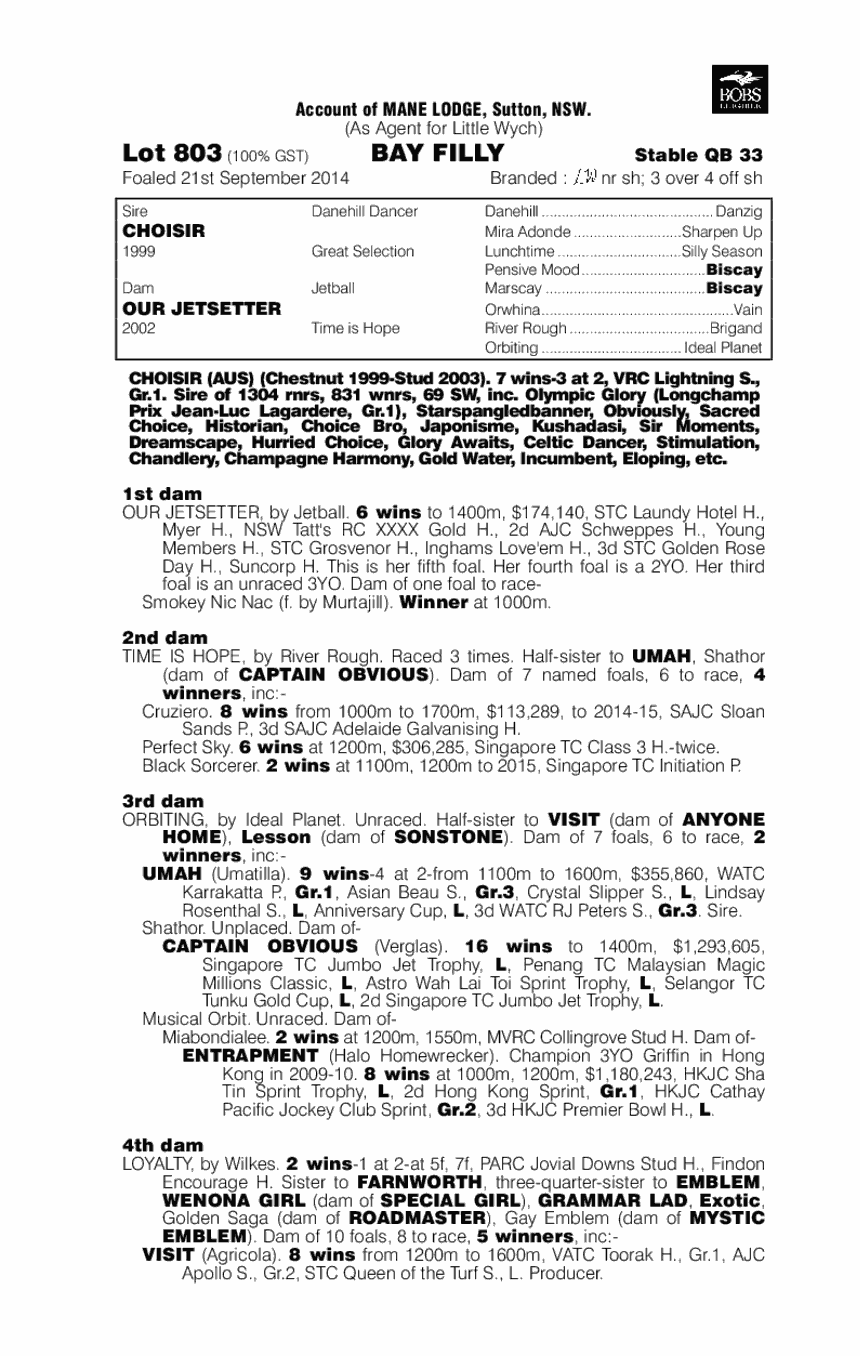 Choisir (AUS) / Our Jetsetter (AUS) - pedigree