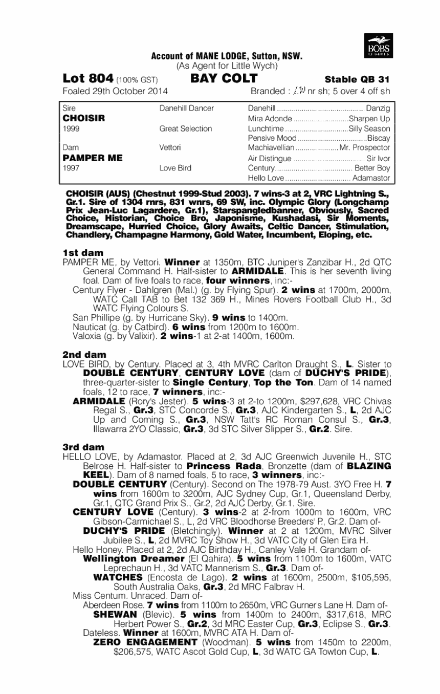 Choisir (AUS) / Pamper Me (AUS) - pedigree