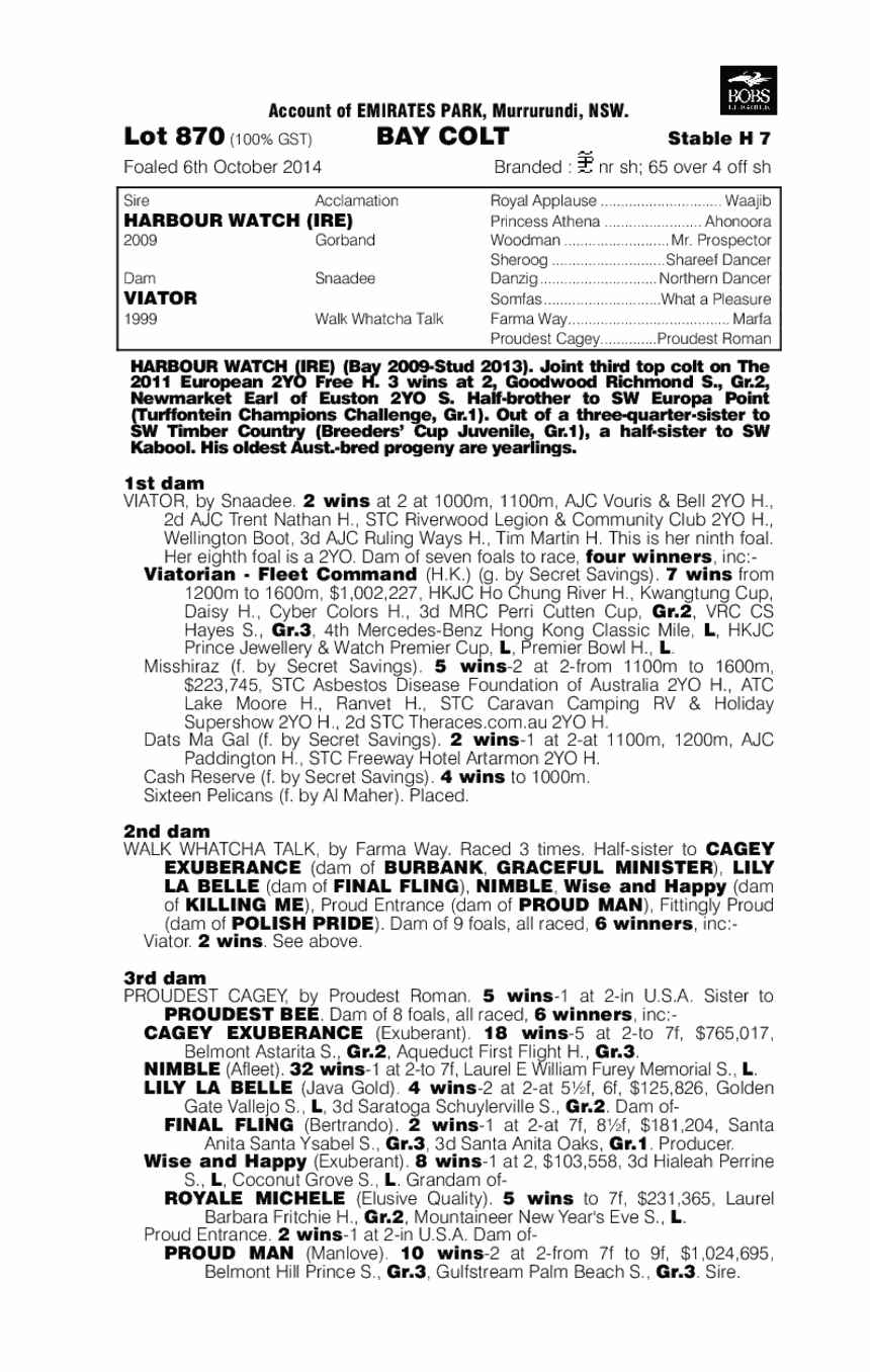 Harbour Watch (IRE) / Viator (AUS) - pedigree