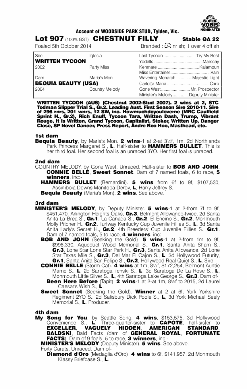 Written Tycoon (AUS) / Bequia Beauty (USA) - pedigree