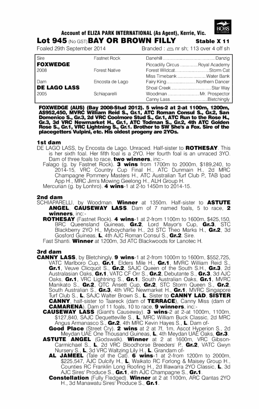 Foxwedge (AUS) / De Lago Lass (AUS) - pedigree
