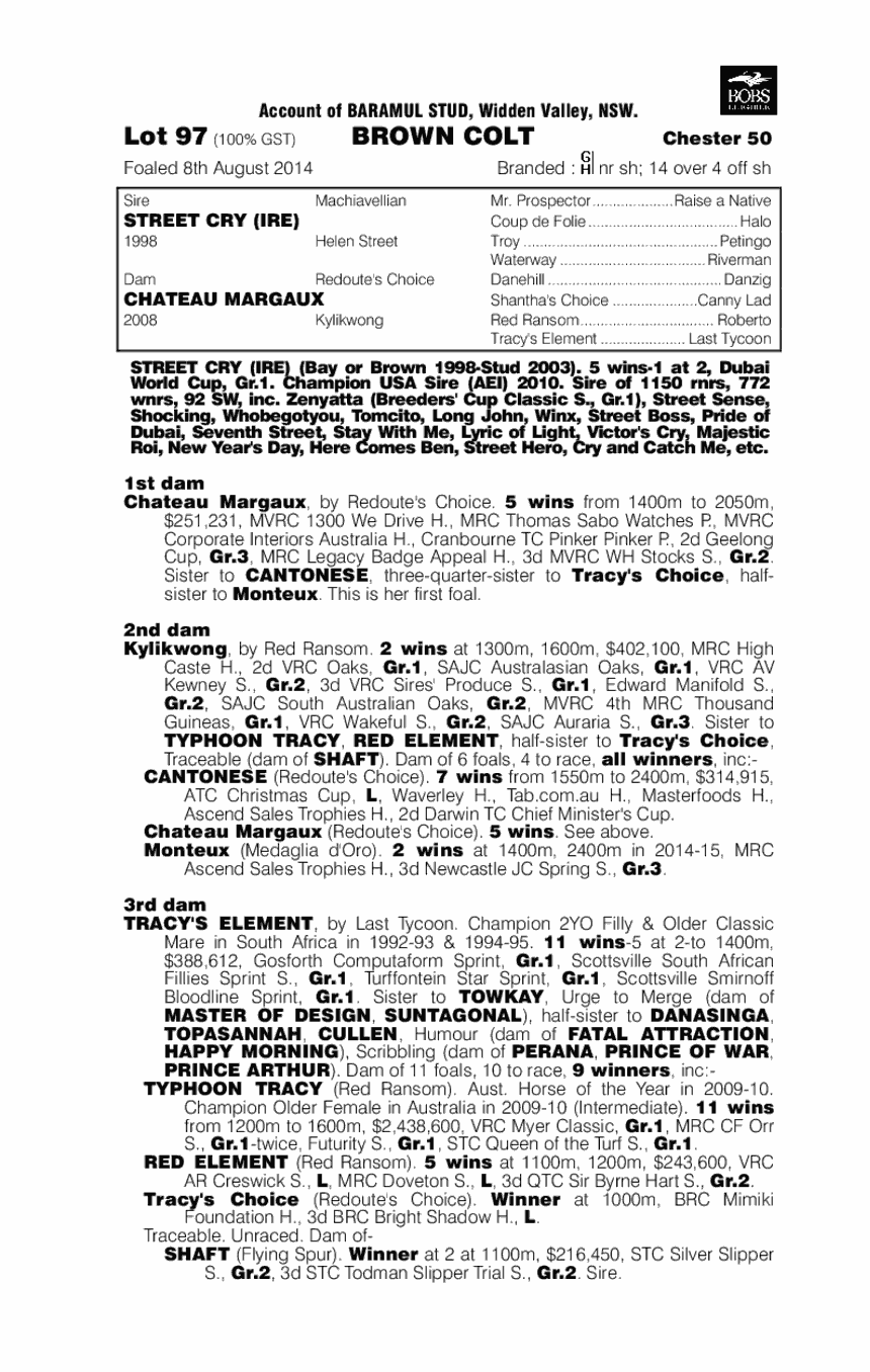 Street Cry (IRE) / Chateau Margaux (AUS) - pedigree