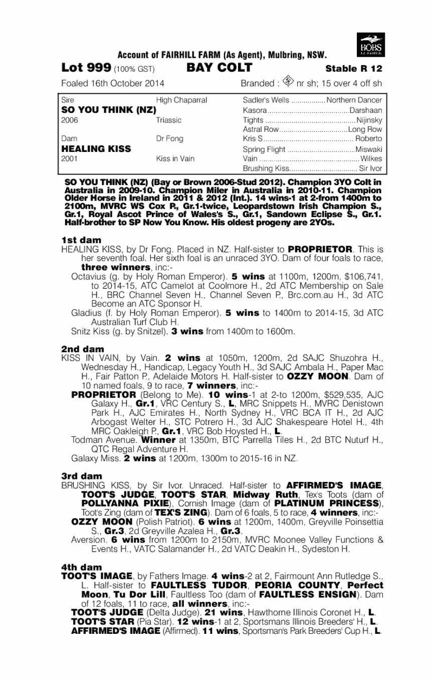 So You Think (NZ) / Healing Kiss (AUS) - pedigree